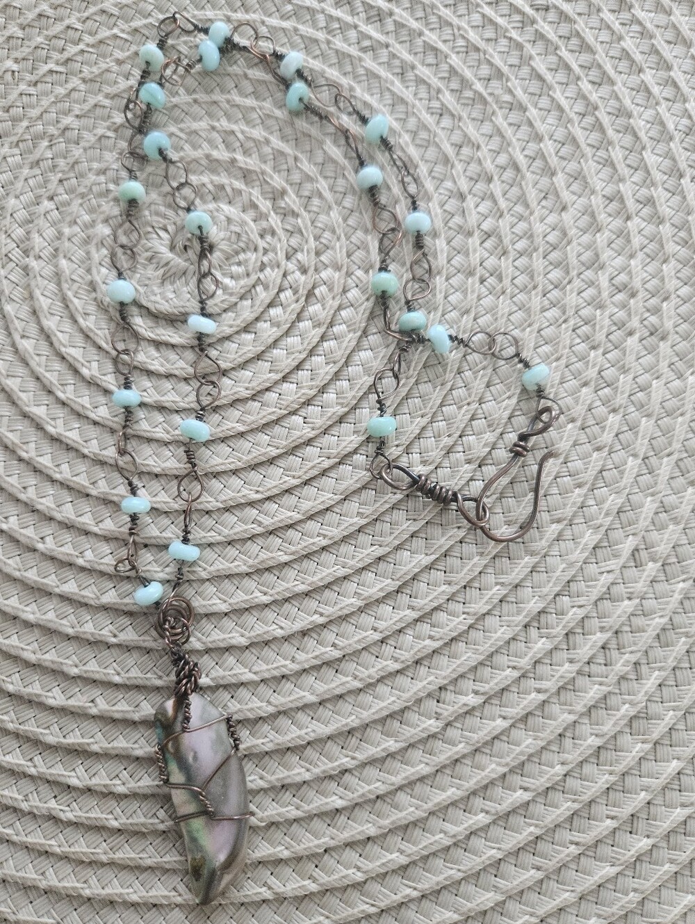 Handmade Aqua Bead Wire-Wrapped Abalone Shell Pendant Necklace